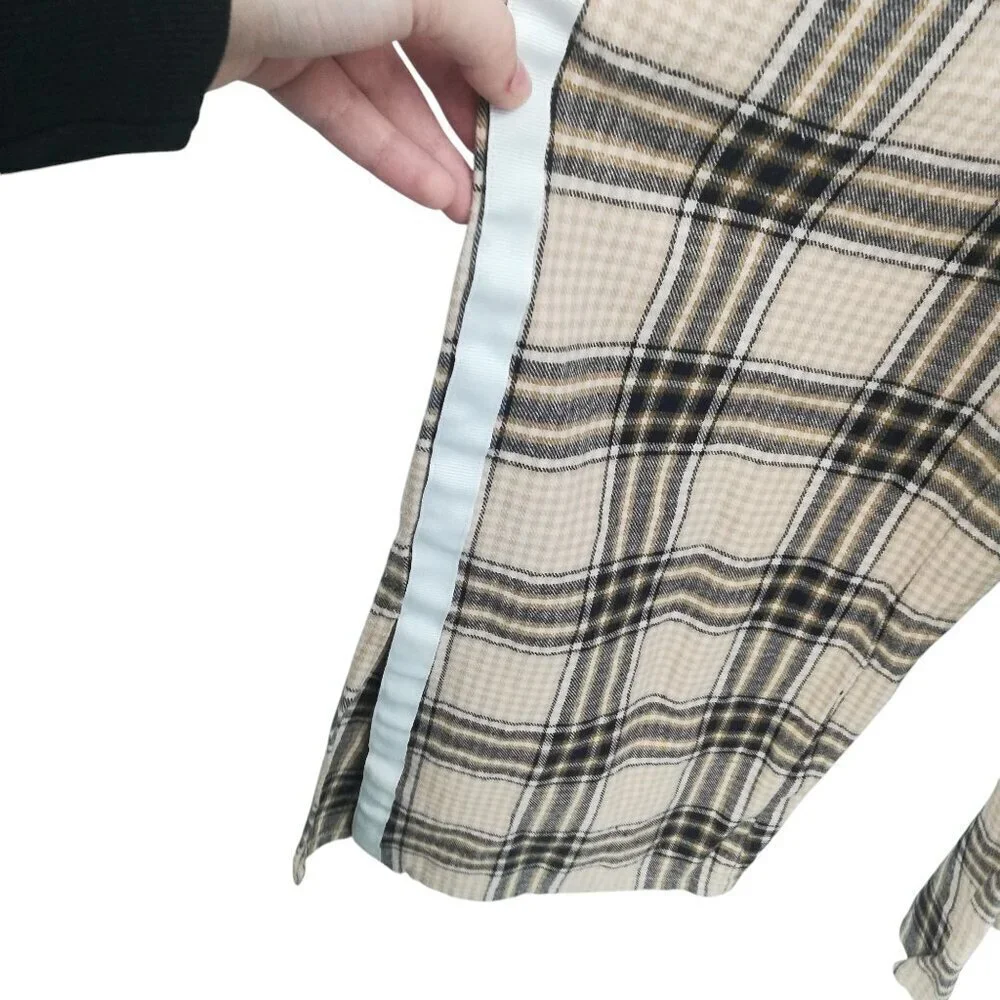 Maniere De Voir Plaid Flannel Wide Leg Pull On Elastic Waist Pants Size 8 Beige